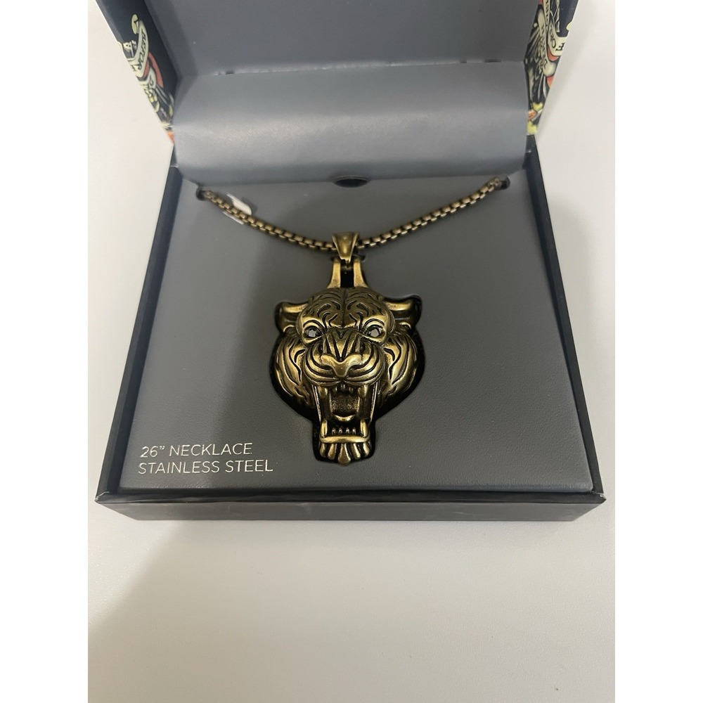 Hardy Gold Tiger Head Pendant Necklace 26" Stainless Steel Chain NIB Y2K
